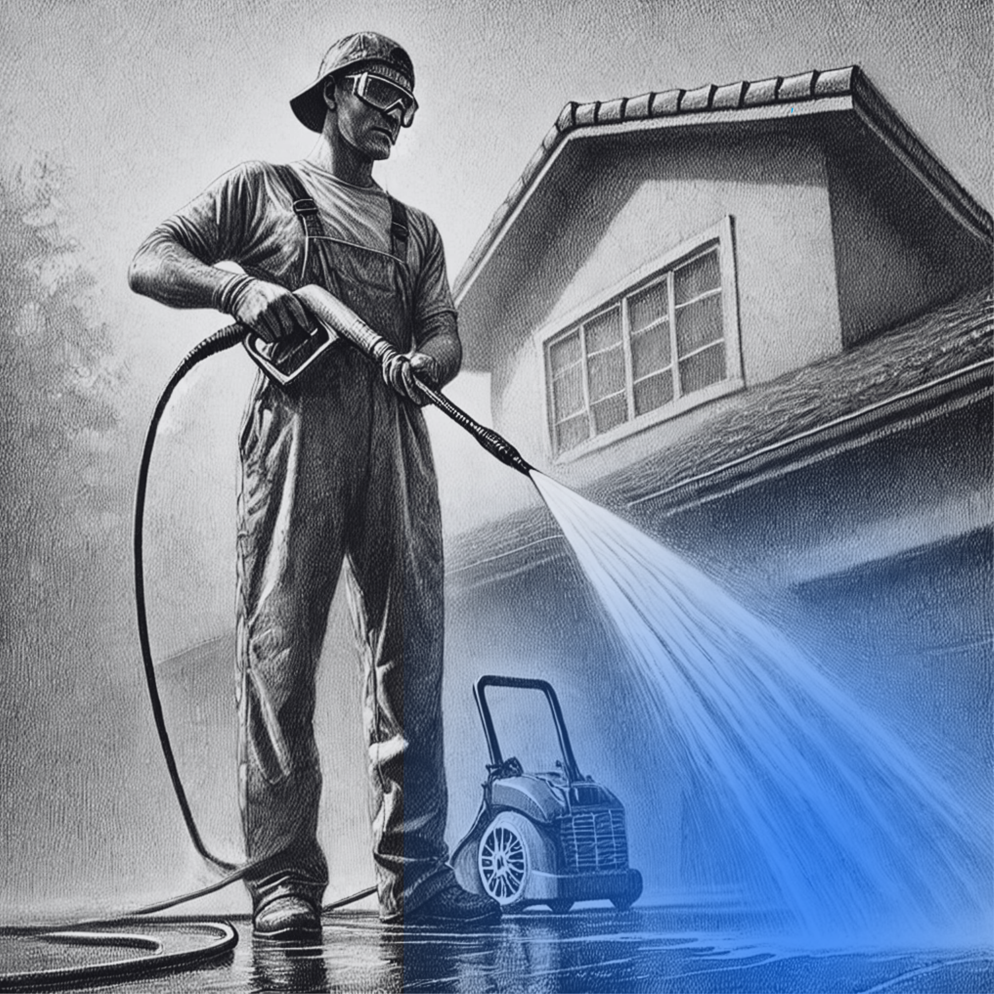 hand drawn image of a man pressure washing a house