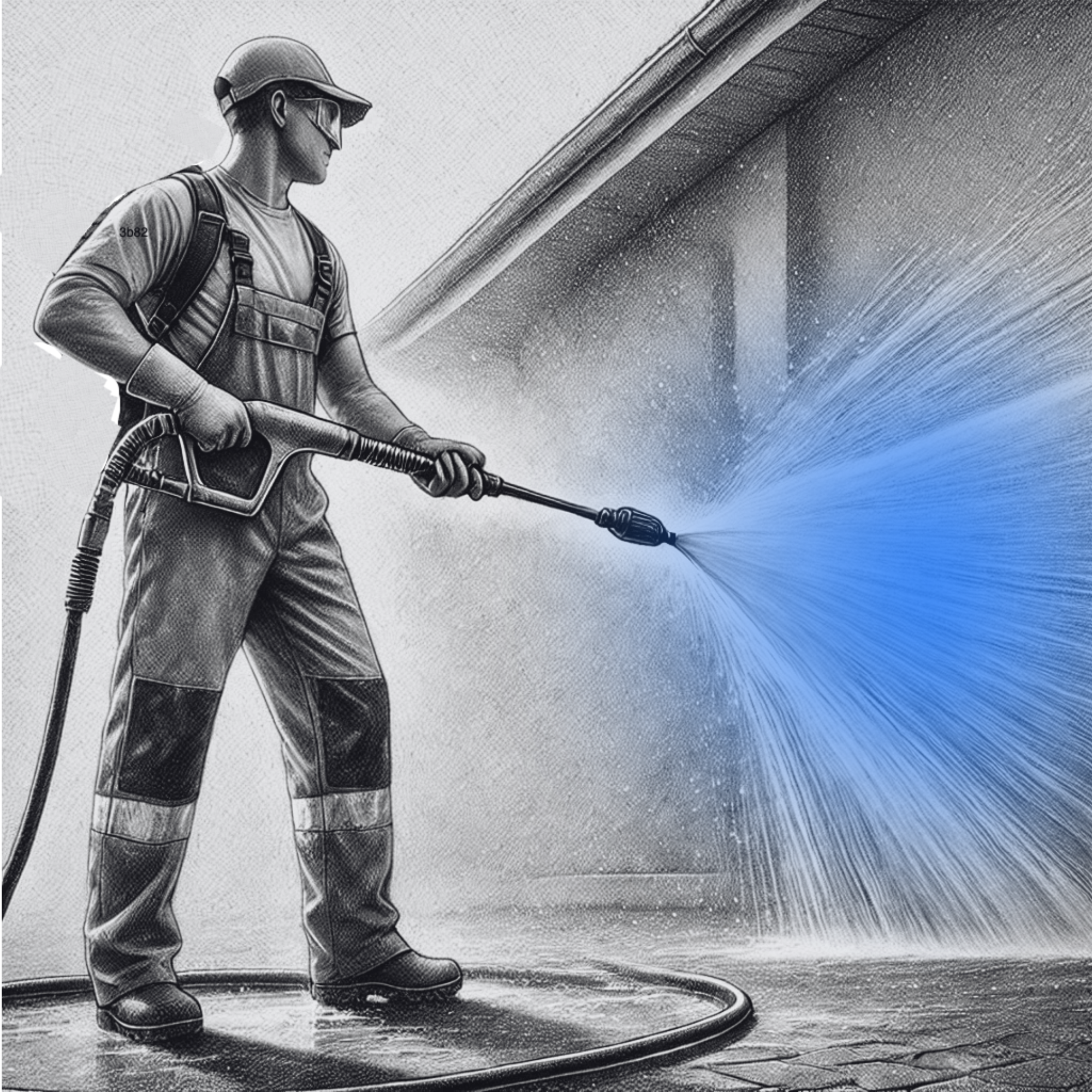 hand drawn image of a man pressure washing a house