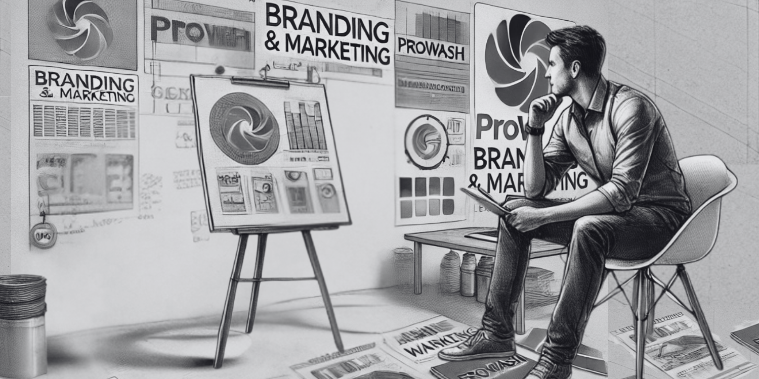Pencil drawing of a business owner considering how to brand and market his pressure washing, gutter cleaning, window cleaning business